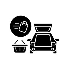 Curbside pickup black glyph icon. Food delivery. Delivering groceries by automobile. Online supermarket products courier service. Silhouette symbol on white space. Vector isolated illustration © bsd studio