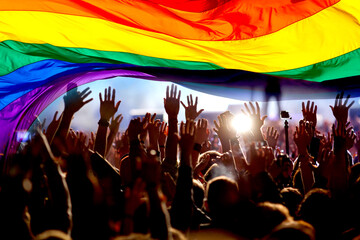 silhouette of a parade of gays and lesbians with a rainbow flag - symbol of love and tolerance