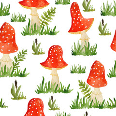 Watercolor hand drawn seamless pattern illustration of amanita muscaria mushrooms with red caps in forest wood woodland green grass and funny cartoon leaves. Children textile wallpaper. Nature