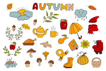 Doodle autumn set icon isolated on white. Hand drawing line art. Sketch mushroom, olive, umbrella, pumpkin etc. Vector stock illustration. EPS 10