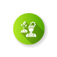 Environmental engineer green flat design long shadow glyph icon. Safe labor to work in agriculture business. Professional worker for sustainable development. Silhouette RGB color illustration