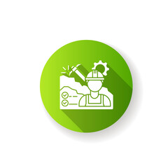 Mining engineer green flat design long shadow glyph icon. Heavy manufacturing production worker. Professional employee for mineral extraction job. Dig on site. Silhouette RGB color illustration
