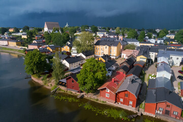 Fototapeta na wymiar Scenery of old Porvoo before the July thunderstorm (shot from a quadrocopter). Finland
