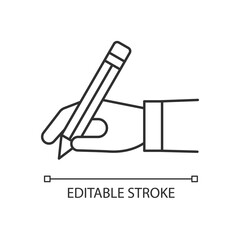 Copy writer pixel perfect linear icon. Hand hold pencil. Write signature. Hobby and craft. Thin line customizable illustration. Contour symbol. Vector isolated outline drawing. Editable stroke