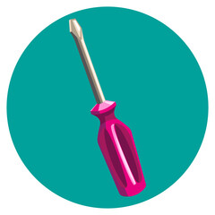 Screwdriver on a circle background. Color vector illustration of a screwdriver icon with a pink handle on a turquoise circle background