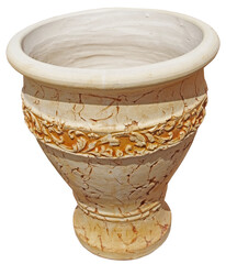 stone low flower vase with ornament against white