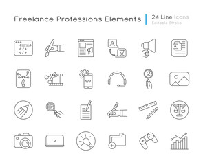 Freelance professions elements pixel perfect linear icons set. Online marketing strategy. Game pad. Customizable thin line contour symbols. Isolated vector outline illustrations. Editable stroke