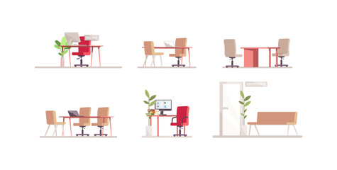 Recruitment agency furniture semi flat RGB color vector illustration set. Computer monitor on desktop. Waiting area for job interview. Furniture isolated cartoon object on white background collection