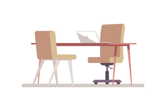 Briefing room semi flat RGB color vector illustration. Space for corporate work. Desktop to hold job interview. Meeting room. Two chairs near table isolated cartoon object on white background