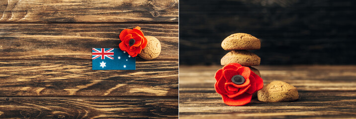 collage of australian flag near artificial flowers and cookies on wooden surface - Powered by Adobe