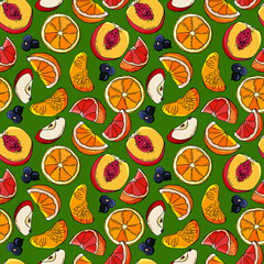 Fruit seamless pattern. Orange, grapefruit, peach, apple, currant. Cartoon style. Stock illustration. Design for wallpaper, fabric, textile, packaging.