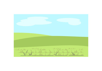 Greenery semi flat vector illustration. Hills with grass. Rural land. Middle age scenery. Ranch pasture. Sun with clouds. Countryside scene. Summer land 2D cartoon landscape for commercial use