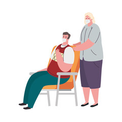 old couple wearing medical mask against covid 19, stay at home concept vector illustration design