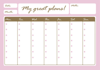 Weekly planner for personal diary in pastel warm colors.