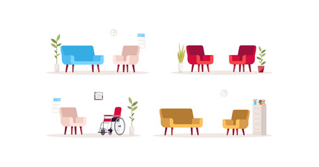 Psychologist workplace semi flat RGB color vector illustration set. Office for consultation. Rehab center, corporate interior. Couche isolated cartoon objects on white background collection