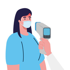 covid 19 coronavirus, hand holding infrared thermometer to measure body temperature, woman check temperature vector illustration design