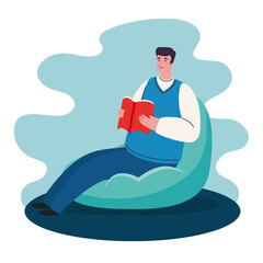 Fototapeta na wymiar stay home, man sitting in pouf reading book, quarantine or self isolation vector illustration design