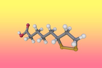 Molecular structure of lipoic acid. Atoms are represented as spheres with color coding: carbon (grey), oxygen (red), hydrogen (white), sulfur (yellow). Scientific background. 3d illustration