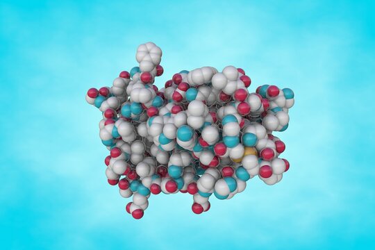 Space-filling Molecular Model Of Leptin, Human Peptide Hormone, Hunger Or Obesity Hormone. Scientific Background. 3d Illustration