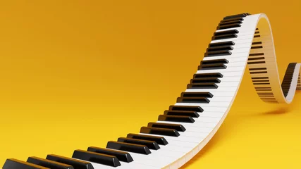 Rolgordijnen Gebogen golvend vleugeltoetsenbord op gele achtergrond. Abstract ontwerp voor muziekbanners. 3D-rendering afbeelding. © Vitaly