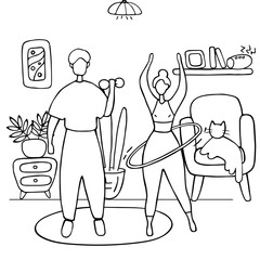 Happy family sport activity. Wife and husband doing morning exercising at home. Man and woman fitness workout exercise. Linear vector graphic