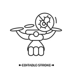 Drone delivery icon. Safe order delivery by remote piloted drone with stop covid linear pictogram. Concept of new technology and contact less delivery by air. Editable stroke vector illustration
