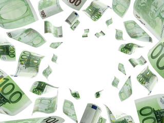 Euro money falling cash. European banknotes isolated on white background.