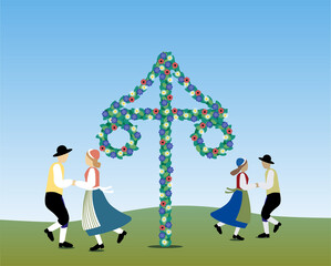 Traditional midsummer dance in Sweden with music and a flower decorated maypole