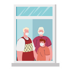 stay at home concept, window, family look out of home, quarantine or self isolation vector illustration design