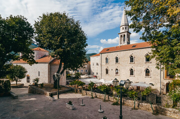 Landscape in Montenegro. View of the central square of the old city of Budva. In the frame, we see...