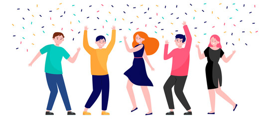 Happy people dancing at party together flat vector illustration. Cartoon excited friends or coworkers celebrating with confetti. Achievement and celebration concept