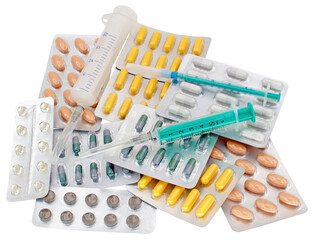 medical pack of pills and syringe on white