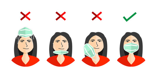 How to wear a mask correct. Man presenting the correct method of wearing a mask, to reduce the spread of germs, viruses and bacteria.Stop the infection instructions vector illustration