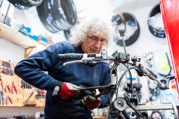 Fototapeta na wymiar Bicycle mechanic working in bike shop