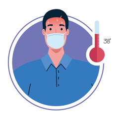 man wearing medical mask with high fever symptom of coronavirus covid 19 vector illustration design