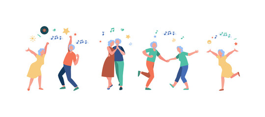 Happy old people dancing isolated flat vector illustration. Cartoon senior grandfathers and grandmothers having fun at party. Music and dancing club concept