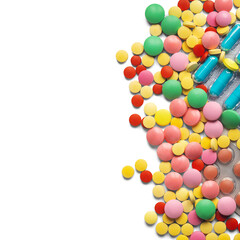 pile of medical pills on white background with place for text. Pattern for design.