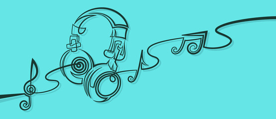 headphones with notes music outline vector illustration lineart style