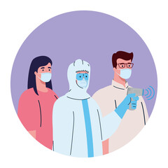 disinfection, person in viral protective suit, with digital non contact infrared thermometer, people check temperature vector illustration design