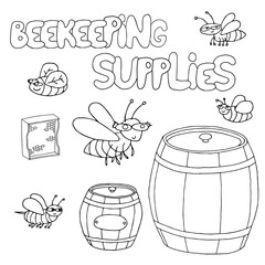 Beekeeping products. Honey and bees doodles. Honey Fair object. Inscriptions about honey isolated