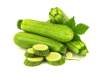 Green fresh zucchini with slices and leaf. Isolated on white background.