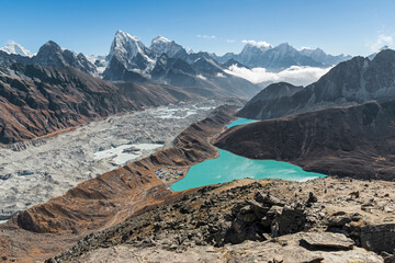 Emerald lakes, snow-capped himalayan peaks and the massive Ngozumpa glacier make the view from Gokyo Ri in Nepal one of the best in the world.