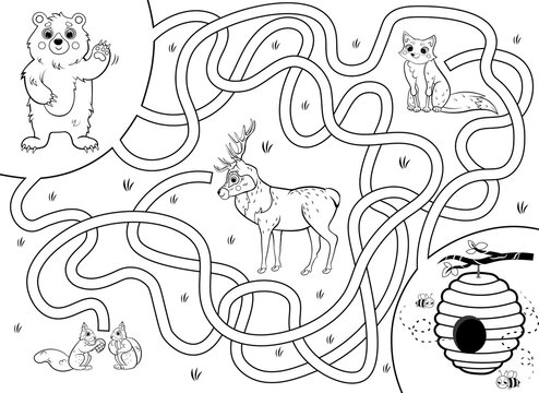 Help the bear find the way to the hive with honey. Cartoon maze or labyrinth game for preschool children. Puzzle. Tangled road. Forest animals for kids. Black and white for coloring