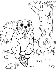 Coloring page outline of cute cartoon beaver gnaws a tree. Vector image with nature background. Coloring book of forest wild animals for kids