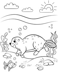 Coloring page outline of cute cartoon beaver swimming under water. Vector image with nature background. Coloring book of forest wild animals for kids