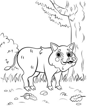 Coloring page outline of cute cartoon hog or boar. Vector image with forest background. Printable coloring book of forest wild animals for kids