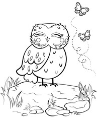 Printable coloring page outline of cute cartoon owl on stone with butterflies. Vector image with forest background. Coloring book of forest wild animals for kids