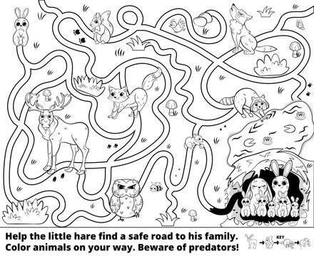 Help the little hare find a safe road to his family. Color animals on your way. Beware of predators! Printable maze or labyrinth game for children. Puzzle. Tangled road. Black and white for coloring