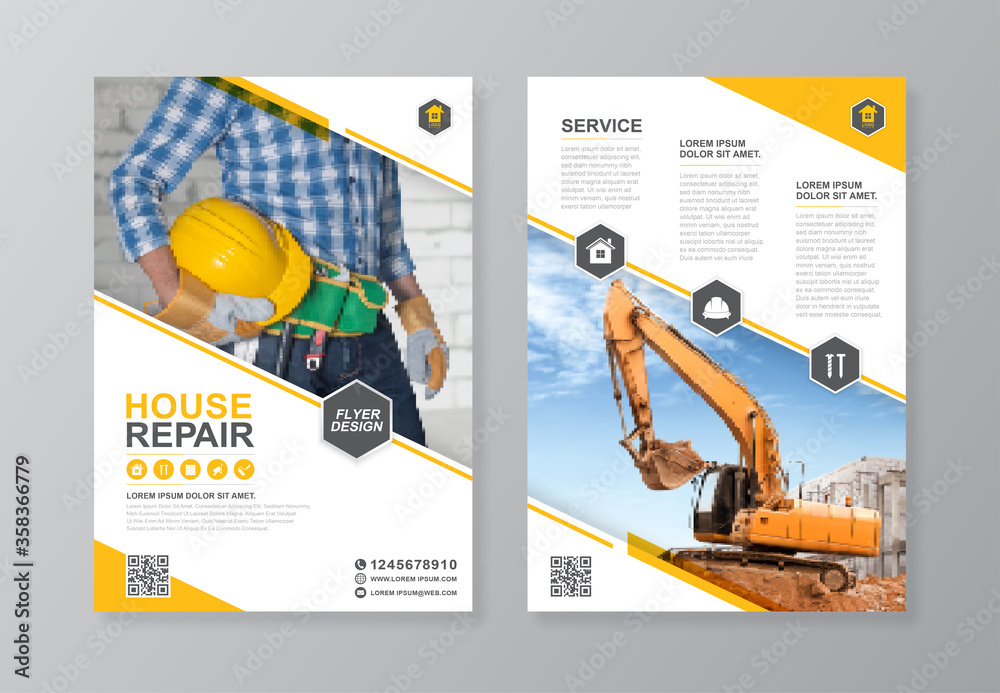 Wall mural Construction tools cover and back page a4 flyer design template for print