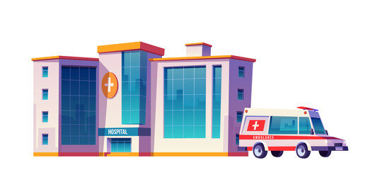 Hospital building and ambulance car isolated on white background. Vector cartoon illustration of medical clinic, urgent first aid service, emergency rescue and ambulatory service © klyaksun